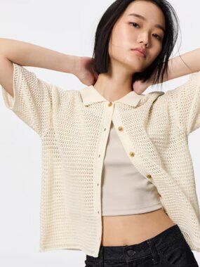 GU Cream Open-Knit Short Sleeve Button Cardigan